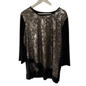 Vintage Foil Metallic Silver Tone and Black Blouse Y2K Disco Retro Chic